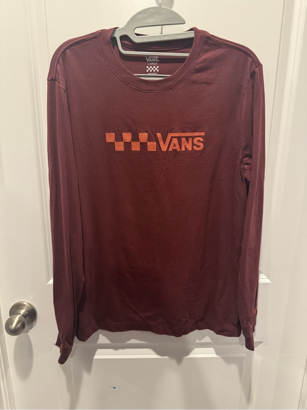 Vans Men's Long Sleeve Tee in Deep Burgundy with Orange Logo